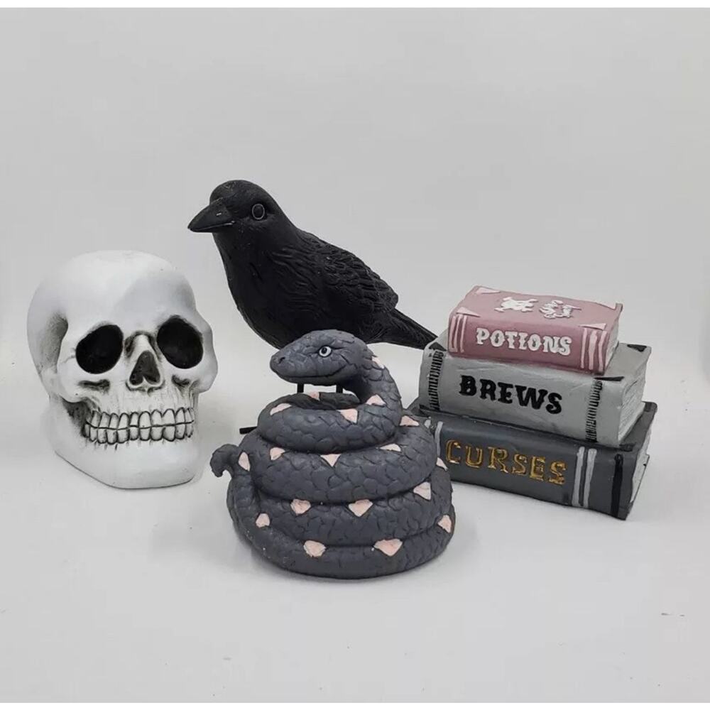 Set of 4 Mini Halloween Figures Book Stack Skull Crow Snake Pink & Gray NEW